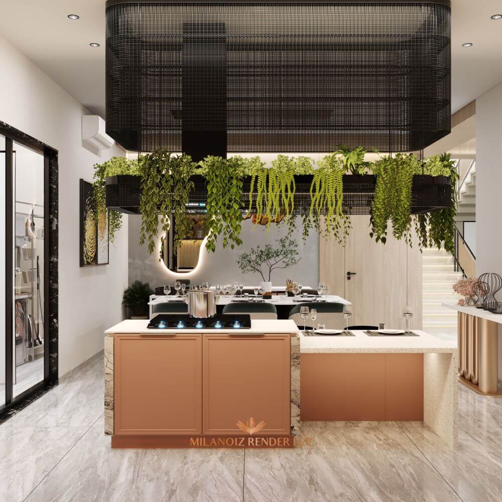 Realistic 3D render of a modern modular kitchen setup