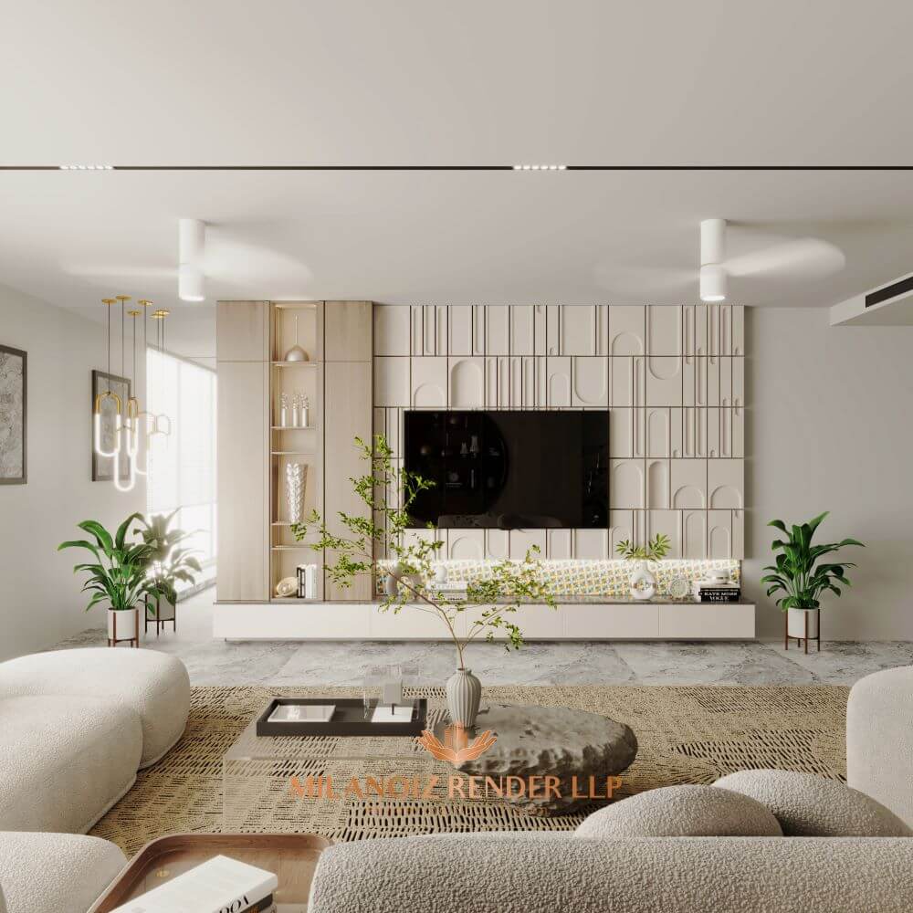 3D render of a modern living room with cozy furniture and lighting