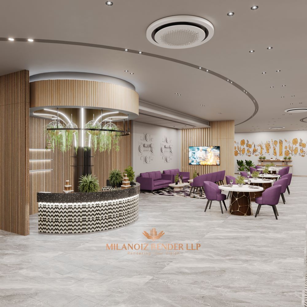 3D interior design of a stylish and cozy restaurant