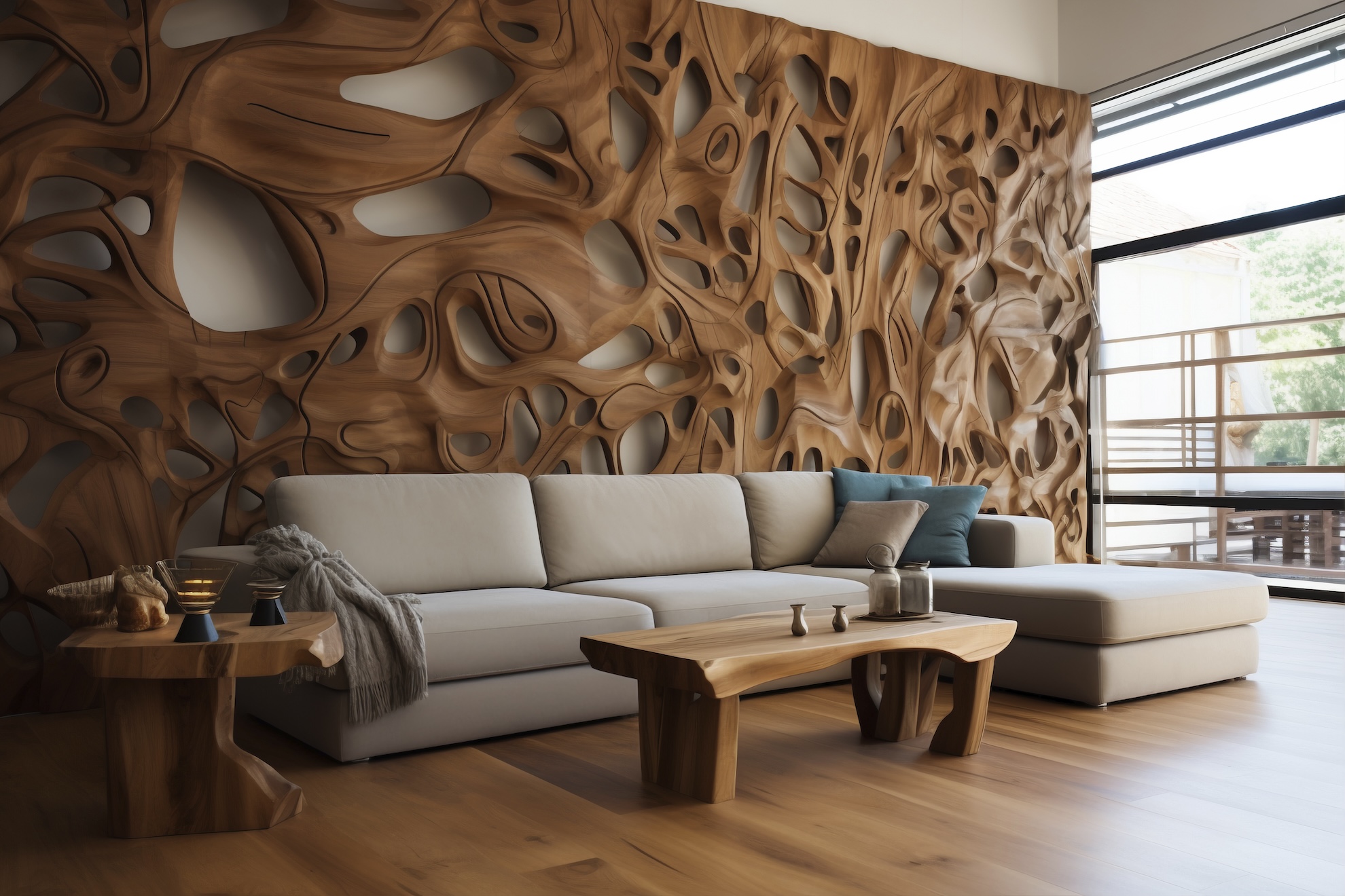 3D interior rendering of a modern living space with natural tones
